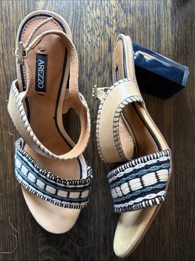 Beige and Navy Soft Embroidered Leather Block Heel Sandals
